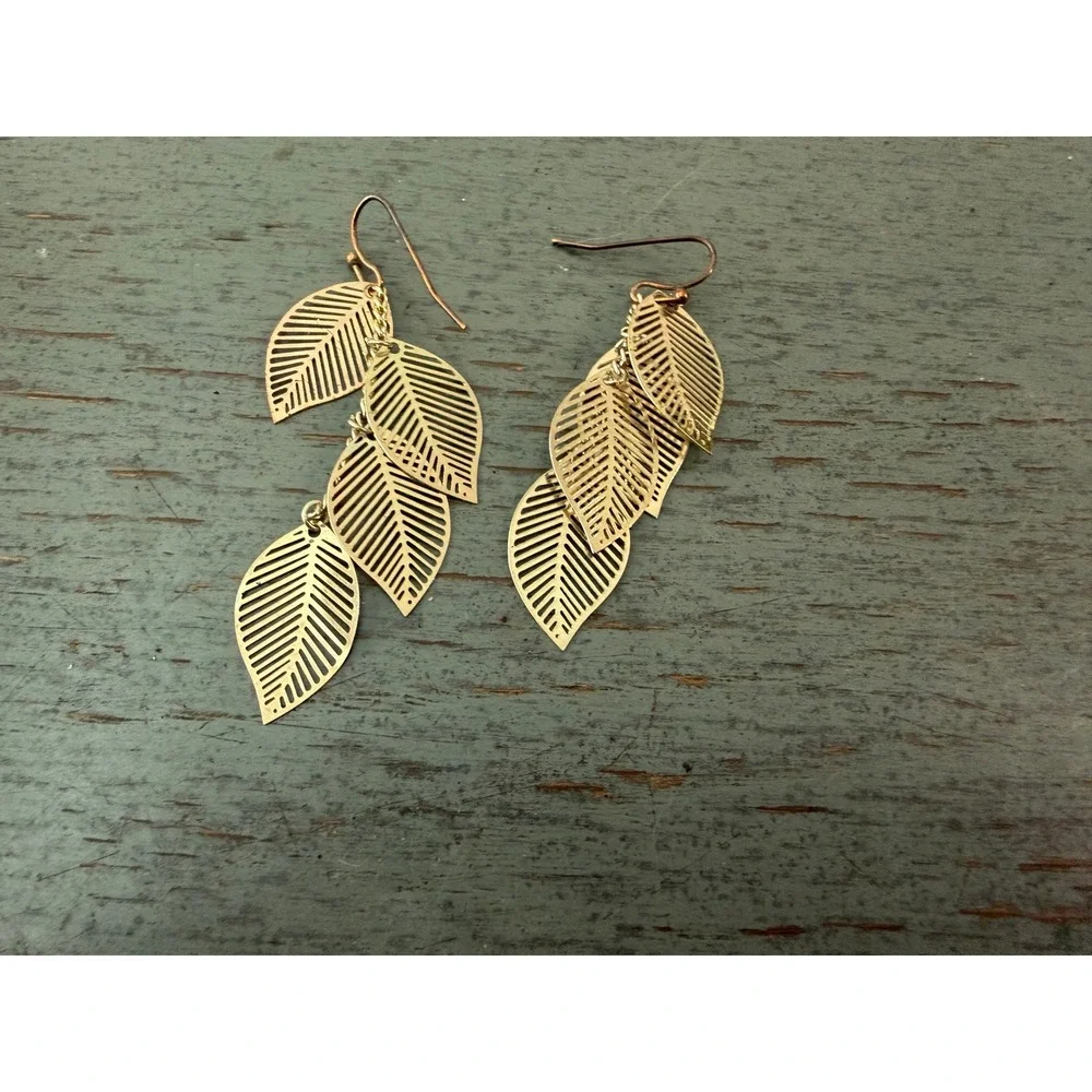 Gold Tone Tiered Filigree Leaf Dangle Earrings Nature Inspired Drop Earrings
